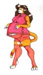  2006 anthro belly big_belly big_breasts bottomwear breasts brown_hair clothed clothing danellz eyes_closed felid female fur hair hand_on_stomach jewelry kathy_(danellz) legwear lion mammal multicolored_body multicolored_fur pantherine pants paws pregnant ring solo stockings tail_jewelry tail_ring traditional_media_(artwork) two_tone_body two_tone_fur 