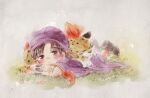  1boy 1other black_hair borongo bracer cape child dragon_quest dragon_quest_v full_body grass hero_(dq5) lying monster on_stomach ponytail purple_cape sleeping spotted_fur tail takanamushi turban 