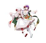  2girls absurdres amagai_tarou bangs belt boots bow braid cape choker collarbone commentary_request eyebrows_visible_through_hair fire_emblem fire_emblem:_the_sacred_stones fire_emblem:_three_houses fire_emblem_heroes floating floating_object food fruit full_body fur_trim hat highres knee_boots long_hair long_sleeves looking_away lute_(fire_emblem) lysithea_von_ordelia multiple_girls official_art open_mouth pantyhose purple_eyes purple_hair red_legwear simple_background snowman strawberry tied_hair white_hair 