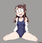  1girl artist_name bad_id bad_pixiv_id bangs breasts brown_hair full_body grey_background highres jacket jacket_partially_removed kagari_atsuko little_witch_academia long_hair m_legs medium_breasts on_floor once_11h open_mouth red_eyes school_swimsuit simple_background sitting solo spread_legs swimsuit teeth tied_hair upper_teeth white_jacket 