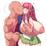  1boy 1girl absurdres bangs blank_eyes blue_jacket blunt_bangs breast_grab breasts breasts_outside clothes_lift french_kiss go-toubun_no_hanayome grabbing green_skirt hair_ribbon highres huge_breasts jacket kiss lactation long_hair nakano_nino no_bra open_clothes open_shirt pink_hair pleated_skirt ribbon shirt simple_background skirt skirt_lift tiger_drop white_background white_shirt 