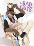  2021 absurd_res anthro beach_chair bottomwear canid canine canis clothing dreamworks english_text eyewear hat headgear headwear hi_res male mammal mr._wolf_(the_bad_guys) pants plantigrade redchetgreen smile solo suit sunglasses teeth text the_bad_guys title wolf 