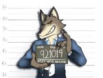  2021 anthro blue_bottomwear blue_clothing blue_neckwear blue_pants bottomwear brown_body brown_fur canid canine canis chart cheek_tuft claws clothed clothing dreamworks facial_tuft fully_clothed fur grin head_tuft height_chart hi_res male mammal mr._wolf_(the_bad_guys) narrowed_eyes pants shirt smile smug solo standing tan_body tan_fur tech_coyote the_bad_guys topwear tuft untied_neckwear white_clothing white_shirt white_topwear wolf yellow_eyes 