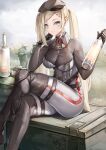  1girl a-545_(girls&#039;_frontline) absurdres alcohol aqua_eyes beret black_footwear black_gloves blonde_hair bodystocking bodysuit boots bottle braid breasts closed_mouth commentary_request crossed_legs eyebrows_visible_through_hair feet_out_of_frame french_braid girls&#039;_frontline gloves grifon_&amp;_kryuger hair_ornament hairclip hand_on_own_chin hat highres holding holding_bottle knee_boots long_hair looking_at_viewer lubikaya medium_breasts multicolored_bodysuit multicolored_clothes rubber_boots scenery sitting solo stolichnaya_(vodka) thighs twintails vodka 