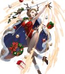  1girl animal_ears ankle_boots armpits bangs bell boots box breasts brown_eyes brown_hair cape christmas_ornaments cleavage closed_mouth collarbone deer_antlers deer_tail ekao fake_animal_ears fire_emblem fire_emblem:_three_houses fire_emblem_heroes fishnet_legwear fishnets full_body fur_trim gift gift_box gloves halterneck high_heel_boots high_heels highres holding holding_sword holding_weapon large_breasts leotard lips looking_away manuela_casagranda mole mole_under_eye official_art open_mouth pom_pom_(clothes) rapier red_leotard shiny shiny_clothes shiny_hair short_hair smile sparkle sword tail transparent_background weapon 