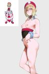  1girl bangs blonde_hair blue_eyes bracelet breasts closed_mouth collar collarbone eyelashes hair_between_eyes hat highres irida_(pokemon) jewelry knees medium_hair navel nipples nude nyantcha pokemon pokemon_(game) pokemon_legends:_arceus red_headwear sash serious short_hair 