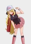  1girl absurdres alternate_costume beanie black_legwear black_shirt blonde_hair blush boots cosplay costume_switch cynthia_(pokemon) dawn_(pokemon) dawn_(pokemon)_(cosplay) fur_trim hair_ornament hair_over_one_eye hat highres jacket long_hair over-kneehighs pink_skirt pokemon pokemon_(game) pokemon_bdsp scarf shirt skirt sleeveless sleeveless_shirt solo thighhighs ubn6nfbw2uqbse6qkhp3 very_long_hair 