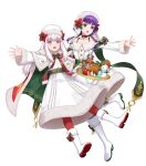  2girls amagai_tarou bangs belt boots bow braid cape choker collarbone eyebrows_visible_through_hair fire_emblem fire_emblem:_the_sacred_stones fire_emblem:_three_houses fire_emblem_heroes full_body fur_trim hat highres knee_boots long_hair long_sleeves looking_away lute_(fire_emblem) lysithea_von_ordelia multiple_girls official_art open_mouth pantyhose purple_eyes purple_hair red_legwear simple_background tied_hair transparent_background white_hair 