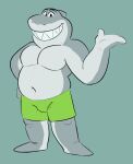  2021 anthro belly bottomwear bulge clothing dreamworks fish grey_body hi_res male marine mr._shark_(the_bad_guys) navel overweight overweight_male shark shorts simple_background solo the_bad_guys time_shiba 