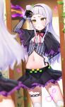  1girl bangs black_capelet black_gloves black_hairband black_skirt blush bow bowtie brown_eyes capelet commentary_request gloves hair_bun hair_ornament hairband hand_on_hip highres hololive midriff mirror murasaki_shion navel ootsuka_you parted_lips pink_bow pink_bowtie reflection shirt silver_hair skirt solo striped striped_shirt telekinesis thigh_strap vertical-striped_shirt vertical_stripes virtual_youtuber 