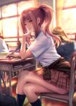  breasts brown_eyes classroom collared_shirt crossed_legs desk drawing_on_another&#039;s_face hanikami_kanojo highres indoors looking_at_viewer multiple_girls piromizu plaid plaid_skirt ponytail red_hair school_uniform shirt sitting skirt thick_thighs thighs white_shirt 