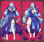  1girl anus ass azura_(fire_emblem) back barefoot bed bed_sheet blue_hair breasts curvy dakimakura_(medium) elbow_gloves feet fingerless_gloves fire_emblem fire_emblem_fates gem gloves hair_between_eyes hand_on_own_ass hand_on_own_chest jewelry large_breasts long_hair looking_at_viewer mouth_veil multiple_views necklace open_mouth partially_visible_vulva pendant revolverwing simple_background solo straight_hair thighs tongue tongue_out veil very_long_hair water white_background yellow_eyes 