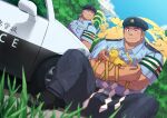  2boys absurdres animal bara brown_hair car cat character_request commission crossed_legs foot_out_of_frame grass ground_vehicle hat highres holding holding_animal looking_at_another male_focus motor_vehicle multiple_boys muscular muscular_male one_eye_closed police police_car police_hat police_uniform policeman rope short_hair sideburns sitting skeb_commission sky smile spread_legs thick_thighs thighs tokyo_afterschool_summoners tsuk8454 uniform 
