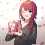  1girl aran_sweater asahina_akane_(nijisanji) bangs black_sweater blue_eyes blush earrings eihi eyebrows_visible_through_hair fang gift holding holding_gift jewelry long_sleeves medium_hair necklace nijisanji one_eye_closed open_mouth red_hair solo sweater upper_body 