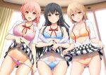  3girls :q absurdres ass_visible_through_thighs black_hair blue_bra blue_eyes blue_panties blush bra breasts clothes_lift commentary_request curtains groin highres inanaki_shiki isshiki_iroha large_breasts lifted_by_self light_brown_hair long_hair looking_at_viewer medium_breasts multiple_girls navel neck_ribbon open_clothes open_mouth open_shirt orange_bra orange_panties panties panty_pull pink_bra pink_hair pink_panties plaid plaid_skirt pulled_by_self raised_eyebrows red_eyes ribbon school_uniform shirt short_hair shy skirt skirt_lift small_breasts sweat thigh_gap thighs tongue tongue_out underwear untied very_long_hair wavy_mouth white_shirt window yahari_ore_no_seishun_lovecome_wa_machigatteiru. yellow_eyes yuigahama_yui yukinoshita_yukino 