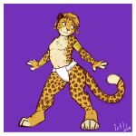  1:1 2018 anthro breasts clothed clothing felid female iztli jaguar mammal pantherine purple_background red_eyes signature simple_background solo standing topless topless_female 