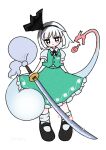  1girl artist_name bangs black_footwear black_hair black_hairband black_ribbon dotaku_(wran8845) full_body green_skirt green_vest hair_ribbon hairband holding holding_sword holding_weapon katana konpaku_youmu konpaku_youmu_(ghost) looking_at_viewer neck_ribbon ribbon shirt shoes skirt smile socks solo sword tassel touhou vest weapon white_background white_hair white_legwear white_shirt wily_beast_and_weakest_creature 