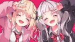  2girls ^_^ black_cardigan blonde_hair bow bowtie cardigan closed_eyes collared_shirt flower grey_hair hair_flower hair_ornament hairclip head_tilt highres hololive long_hair medium_hair momosuzu_nene multiple_girls murasaki_shion necktie ninniku_mashimashi open_mouth pink_cardigan red_background red_bow red_bowtie red_necktie school_uniform shirt sleeves_past_wrists smile sparkle twintails v virtual_youtuber white_hair 