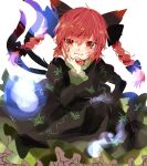  1girl :3 animal_ears blue_fire blush bow braid cat_ears cat_tail dress extra_ears fangs fangs_out fingernails fire frills ghost green_dress highres hitodama kaenbyou_rin looking_at_viewer multiple_tails nail_polish one-hour_drawing_challenge pointy_ears puffy_sleeves red_eyes red_hair satoupote sharp_fingernails sitting slit_pupils smile solo tail touhou twin_braids two_tails white_background 