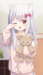  1girl animal_ear_fluff animal_ears bangs blurry blurry_background blush bow commentary_request commission depth_of_field door eyebrows_visible_through_hair fang grey_hair hair_between_eyes hair_bow hand_up highres long_hair long_sleeves looking_at_viewer nakkar object_hug open_mouth original pajamas pants pink_pajamas pink_pants pink_shirt polka_dot polka_dot_pajamas polka_dot_pants polka_dot_shirt puffy_long_sleeves puffy_sleeves red_bow red_eyes rubbing_eyes shirt sleepy solo stuffed_animal stuffed_toy tail tears teddy_bear twitter_username waking_up watermark 