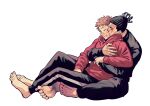  2boys barefoot black_hair black_shirt blush casual couple full_body hood hoodie itadori_yuuji jujutsu_kaisen kiss kissing_cheek leaning_on_person male_focus multiple_boys muscular muscular_male pants pink_hair red_hoodie shirt short_hair sideburns sitting sitting_on_person smile spiked_hair toudou_aoi_(jujutsu_kaisen) track_pants undercut white_background yaoi youhe_hino 