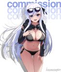  american_flag belfast_(azur_lane) bikini black_bikini blue_eyes breasts cleavage commission cowboy_shot crop_top eyewear_on_head hand_on_breast hand_on_leg highres international_space_station kasasasagi long_hair looking_at_viewer spacex sunglasses swimsuit wet white_background white_hair 