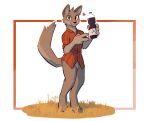  &lt;3 2021 anthro bottomless brown_body brown_fur canid canine canis clothed clothing coyote daxy_(adaxyn) enginetrap fur head_tuft hi_res holding_object light lighting looking_at_viewer mammal shaded shirt simple_background smile solo standing topwear tuft white_background 
