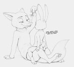  2021 anthro anthro_on_anthro bottomless butt canid canine clothed clothing disney eye_contact female fox hi_res judy_hopps lagomorph leporid looking_at_another male male/female mammal monochrome nick_wilde rabbit red_fox s1m simple_background sitting smile sweater topwear white_background zootopia 