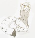  anthro anus bottomless bottomless_female clothed clothing felid female fluffy fluffy_tail genitals hi_res kneeling looking_at_viewer mammal monochrome pantherine pussy riley_(ruth66) ruth66 simple_background sketch smile snow_leopard solo white_background 
