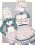  2girls ahoge apron artoria_pendragon_(fate) bikini border bow bowtie breasts cowboy_shot crossed_arms detached_collar eyebrows_visible_through_hair fate/grand_order fate_(series) frown fumafu green_eyes green_hair grey_background hair_between_eyes hand_on_hip highres jeanne_d&#039;arc_(alter)_(fate) jeanne_d&#039;arc_(fate) long_sleeves looking_at_viewer maid maid_apron maid_bikini maid_headdress medium_breasts multiple_girls navel saber_alter short_hair short_sleeves simple_background smirk swimsuit thigh_strap two-tone_background watermark white_border wrist_cuffs 