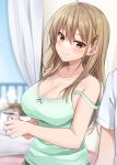  1boy 1girl ahoge bangs bare_arms bare_shoulders blush breasts brown_eyes brown_hair camisole cleavage closed_mouth collarbone commentary_request cup curtains earrings eyebrows_visible_through_hair green_camisole hair_between_eyes highres holding holding_cup jewelry komori_kuzuyu large_breasts long_hair looking_at_viewer mole mole_on_breast mug original shirt short_sleeves smile solo_focus steam strap_slip stud_earrings very_long_hair white_shirt window 
