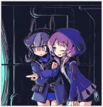  2girls arknights bangs blue_eyes blue_hair blue_poison_(arknights) blush charm_(object) chestnut_mouth eyebrows_visible_through_hair glaucus_(arknights) hand_on_another&#039;s_arm hood hood_up hooded_jacket jacket low_twintails multicolored_hair multiple_girls pink_hair pointing scared shorts shuuzen_(shu-zen) streaked_hair turn_pale twintails 
