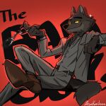  2021 akiya-kamikawa anthro black_text bottomwear canid canine canis clothing dreamworks hi_res male mammal mr._wolf_(the_bad_guys) pants red_background simple_background sitting smile solo suit text the_bad_guys title wolf 