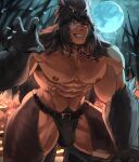  1boy abs animal_collar bandage_over_one_eye bara bare_tree bellsaltr body_fur bulge claw_pose clothing_cutout collar crotchless crotchless_pants dark-skinned_male dark_skin full_moon grin halloween halloween_costume highres kneeling large_pectorals leather_belt looking_at_viewer male_focus male_pubic_hair moon muscular muscular_male navel navel_hair nipples original pants pectorals pubic_hair smile solo stomach tail thick_thighs thigh_cutout thighs topless_male tree wolf_boy wolf_hood wolf_tail 