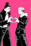  2boys black_hair couple feet_out_of_frame gakuran heart heart_hands heart_hands_duo itadori_yuuji jujutsu_kaisen looking_at_viewer male_focus monochrome multiple_boys pink_background pink_theme school_uniform short_hair sideburns smile spiked_hair toudou_aoi_(jujutsu_kaisen) undercut yaoi youhe_hino 