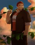  1boy absurdres bara brown_hair cloud cloudy_sky expressionless facial_hair feet_out_of_frame flower gakuran goatee gunzo_(housamo) highres holding holding_flower jacket large_pectorals looking_at_viewer male_focus muscular muscular_male open_clothes open_jacket pectorals plant rugby_uniform scar scar_on_cheek scar_on_face school_uniform short_hair sideburns sky sleeves_rolled_up solo sportswear stubble sunflower thick_eyebrows tokyo_afterschool_summoners tsuk8454 