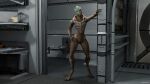 absurd_res alien bathroom bodypaint face_paint female furniture genitals hand_on_hip hi_res inside leaning_on_wall looking_at_viewer mass_effect nude pussy scoota shelves solo spacecraft standing table toilet turian valenea_oroso vehicle video_games 