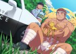  2boys absurdres animal bandaged_leg bandages bara brown_hair car cat character_request commission crossed_legs foot_out_of_frame fundoshi grass ground_vehicle hachimaki hat headband highres holding holding_animal japanese_clothes looking_at_another male_focus motor_vehicle multiple_boys muscular muscular_male official_alternate_costume one_eye_closed police police_car police_hat police_uniform policeman rope short_hair sideburns sitting skeb_commission sky smile spread_legs thick_thighs thighs tokyo_afterschool_summoners topless_male tsuk8454 uniform 