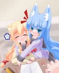  1other 2girls :d ^_^ animal_ears bangs black_sailor_collar black_skirt blonde_hair blue_eyes blue_hair blurry blurry_background blush brown_shirt cat_ears cat_girl cat_tail closed_eyes commentary_request depth_of_field desk eraser eyebrows_visible_through_hair fang fox_ears fox_girl fox_tail hair_between_eyes highres hug kanijiru long_hair long_sleeves looking_at_viewer multiple_girls notice_lines original pencil pencil_case pleated_skirt purple_shirt red_ribbon ribbon sailor_collar school_desk school_uniform serafuku shirt skirt sleeves_past_wrists smile spoken_sweatdrop sweat sweatdrop tail tail_ornament tail_ribbon twitter_username very_long_hair 