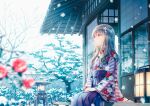  1girl bangs blurry blurry_foreground building commentary_request floral_print flower grey_hair hair_flower hair_ornament hiten_(hitenkei) japanese_clothes kimono lantern long_hair long_sleeves obi original outdoors parted_lips purple_eyes purple_kimono sash snow snowing solo tree 
