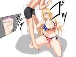  1boy 1girl ;d american_flag_bikini bangs bare_arms bare_legs bare_shoulders barefoot bdsm bikini black_shorts blonde_hair breasts cbt commentary_request femdom flag_print groin hair_between_eyes head_out_of_frame highres iowa_(kancolle) kantai_collection large_breasts long_hair navel one_eye_closed punching purple_eyes shorts side-tie_bikini simple_background smile star-shaped_pupils star_(symbol) stomach swimsuit symbol-shaped_pupils thighs topless_male very_long_hair watarasera_piro white_background 