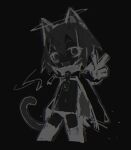  1girl animal_ears bangs black_background cape cat_ears cat_tail chain chibi collar cowboy_shot fang halo monochrome original panties ro47 short_hair simple_background sketch solo standing tail thighhighs underwear v 