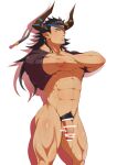  1boy abs bar_censor bara blush bottomless brown_shirt censored dark-skinned_male dark_skin draph earrings feet_out_of_frame flaccid granblue_fantasy horns jewelry large_pectorals long_hair male_focus male_pubic_hair mikura0317 muscular muscular_male navel nipples pectorals pointy_ears pubic_hair reinhardtzar shirt sideburns solo stomach thick_thighs thighs underpec undressing white_background 