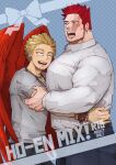  2boys :d alternate_pectoral_size bara beard blush boku_no_hero_academia cover cover_page cowboy_shot doujin_cover endeavor_(boku_no_hero_academia) eye_contact facial_hair feathered_wings from_side hawks_(boku_no_hero_academia) highres hug large_pectorals looking_at_another mahoubin_(totemo_hot_dayo) male_focus mature_male multiple_boys muscular muscular_male pectorals red_hair scar scar_across_eye shirt short_hair sideburns smile spiked_hair thick_thighs thighs white_shirt wings yaoi 