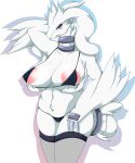  anthro big_breasts bikini blue_eyes blush breasts clothed clothing female fluffy fluffy_tail fur hi_res legendary_pok&eacute;mon mellonsoda nintendo nipple_outline open_mouth open_smile partially_clothed pok&eacute;mon pok&eacute;mon_(species) reshiram simple_background smile solo swimwear tongue video_games white_background white_body white_fur 
