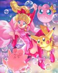  1girl :d arm_up bangs blonde_hair blue_eyes boots bow breasts bubble clefairy clenched_hands commentary_request detached_sleeves dress eyelashes floating_hair footwear_bow hair_bow hazel_(pokemon) jigglypuff long_hair looking_at_viewer magical_pokemon_journey mitama_(mokochiko) open_mouth pikachu pink_dress pink_footwear pokemon pokemon_(creature) ponytail red_bow smile teeth thigh_boots thighhighs tongue upper_teeth 