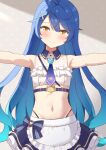  1girl absurdres ahoge amamiya_kokoro apron armpits bangs bare_shoulders belt blue_belt blue_hair blush bustier detached_collar frills hair_between_eyes hair_ornament high-waist_panties highres layered_skirt long_hair miniskirt navel necktie nijisanji outstretched_arms redwinead revealing_clothes skirt smile solo spread_arms very_long_hair virtual_youtuber waist_apron x_hair_ornament 