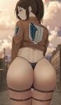  1girl ass ass_focus back bikini bikini_bottom blush brown_eyes brown_hair brown_jacket closed_mouth cloud cloudy_sky highres jacket looking_at_viewer looking_back no_pants ponytail sasha_braus shexyo shingeki_no_kyojin sky solo survey_corps_(emblem) swimsuit thigh_gap thigh_strap thighs thong_bikini 