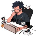  ;( bepo black_hair chair chibi coffee_mug computer cup doctor earrings facial_hair from_above jewelry laptop male_focus mug one_piece penguin_(one_piece) shachi_(one_piece) solo_focus tattoo tbt trafalgar_law 