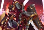  alphamon alphamon_ouryuuken armor artist_name broken_armor cape commentary crack digimon digimon_(creature) eye_trail holding holding_sword holding_weapon horns looking_at_viewer mecha no_humans one_eye_covered outdoors red_eyes ryo@ solo sword torn_cape torn_clothes weapon white_cape 